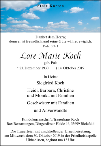 Traueranzeige von Lore Marie Koch von Westfalen-Blatt