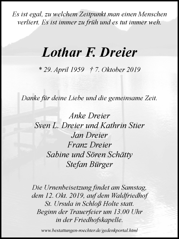  Traueranzeige für Lothar F. Dreier vom 09.10.2019 aus Westfalen-Blatt