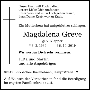 Traueranzeige von Magdalena Greve von Westfalen-Blatt