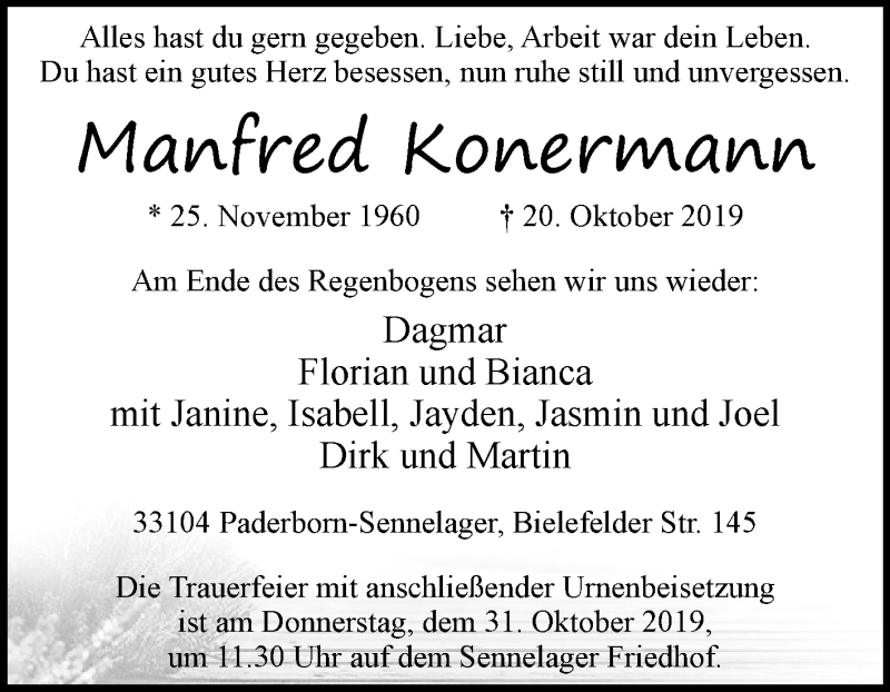  Traueranzeige für Manfred Konermann vom 26.10.2019 aus Westfalen-Blatt