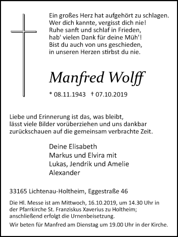 Traueranzeige von Manfred Wolff von Westfalen-Blatt