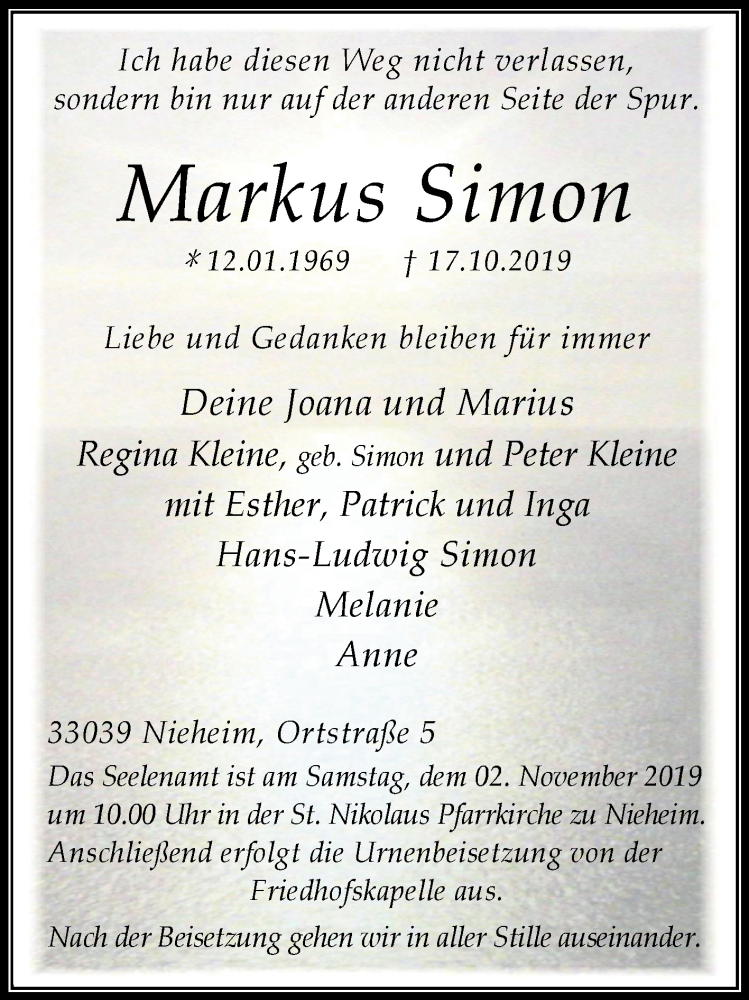  Traueranzeige für Markus Simon vom 26.10.2019 aus Westfalen-Blatt