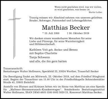Traueranzeige von Matthias Becker von Westfalen-Blatt