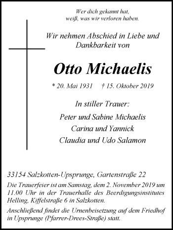 Traueranzeige von Otto Michaelis von Westfalen-Blatt