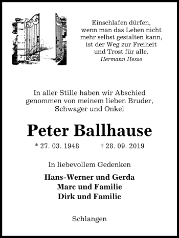 Traueranzeige von Peter Ballhause von Westfalen-Blatt