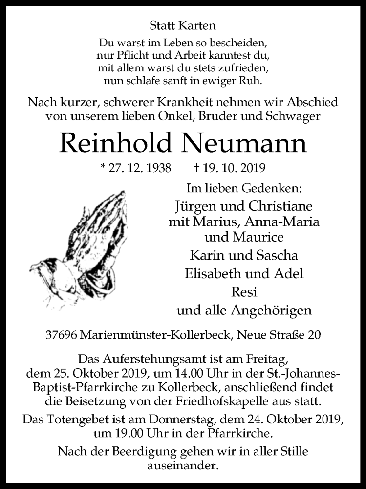  Traueranzeige für Reinhold Neumann vom 23.10.2019 aus Westfalen-Blatt