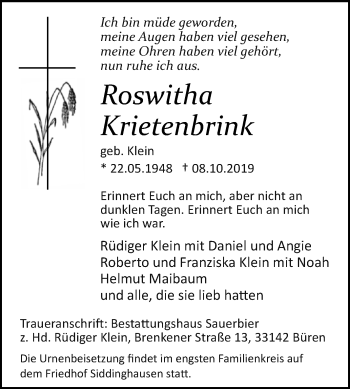Traueranzeige von Roswitha Krietenbrink von Westfalen-Blatt