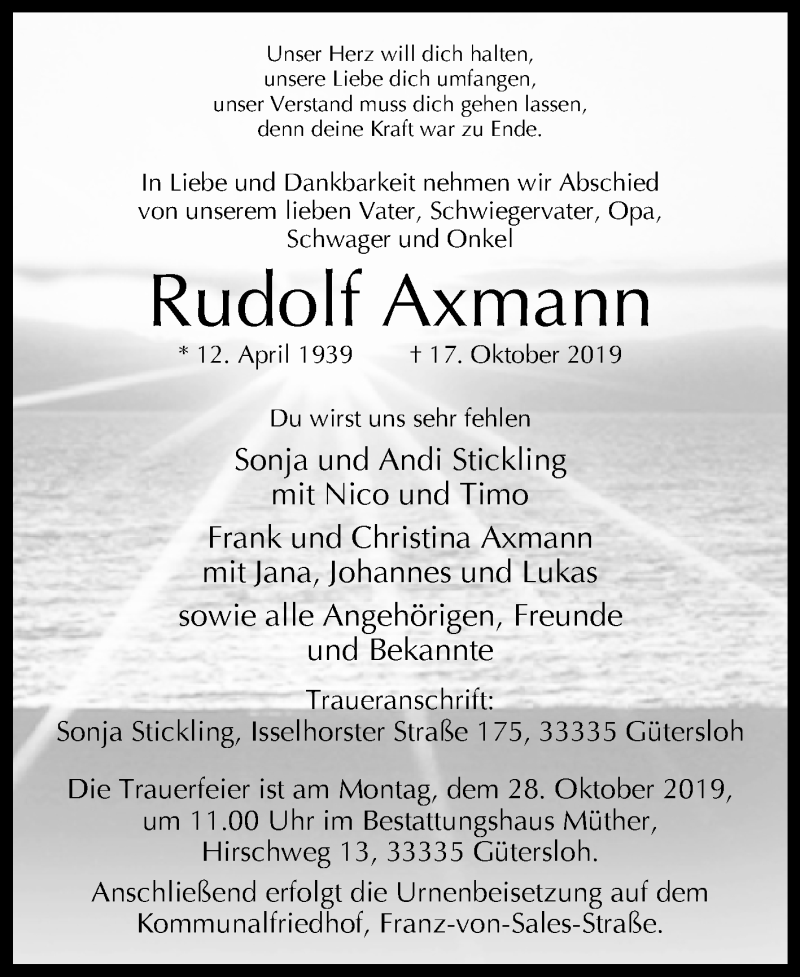  Traueranzeige für Rudolf Axmann vom 23.10.2019 aus Westfalen-Blatt