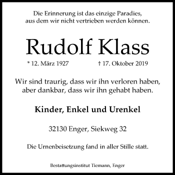 Traueranzeige von Rudolf Klass von Westfalen-Blatt