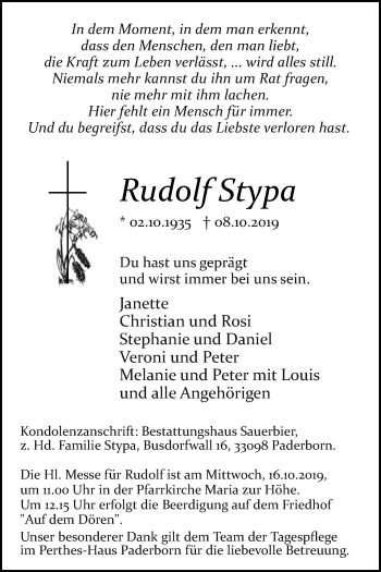 Traueranzeige von Rudolf Stypa von Westfalen-Blatt