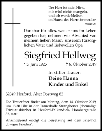 Traueranzeige von Siegfried Hellweg von Westfalen-Blatt