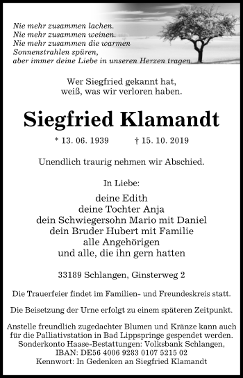 Traueranzeige von Siegfried Klamandt von Westfalen-Blatt
