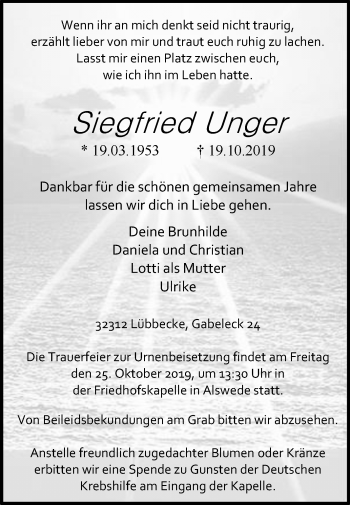 Traueranzeige von Siegfried Unger von Westfalen-Blatt