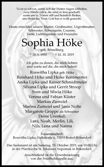 Traueranzeige von Sophia Höke von Westfalen-Blatt