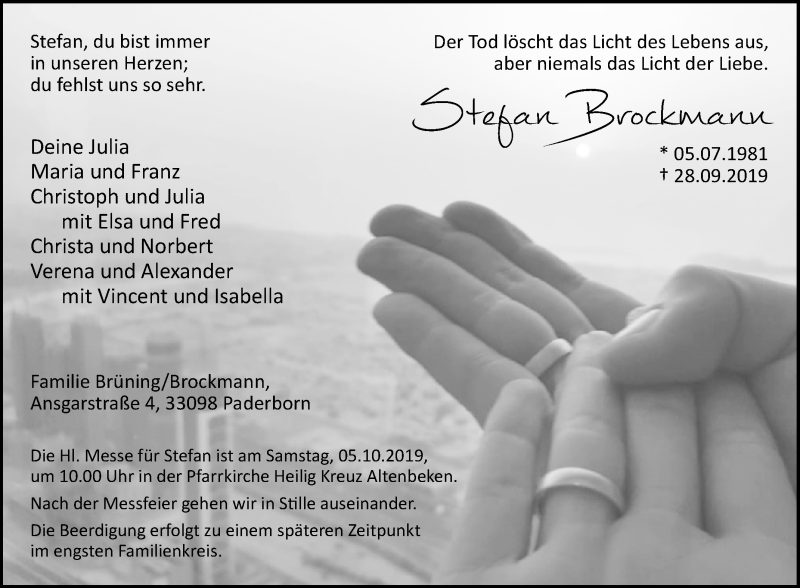  Traueranzeige für Stefan Brockmann vom 02.10.2019 aus Westfalen-Blatt