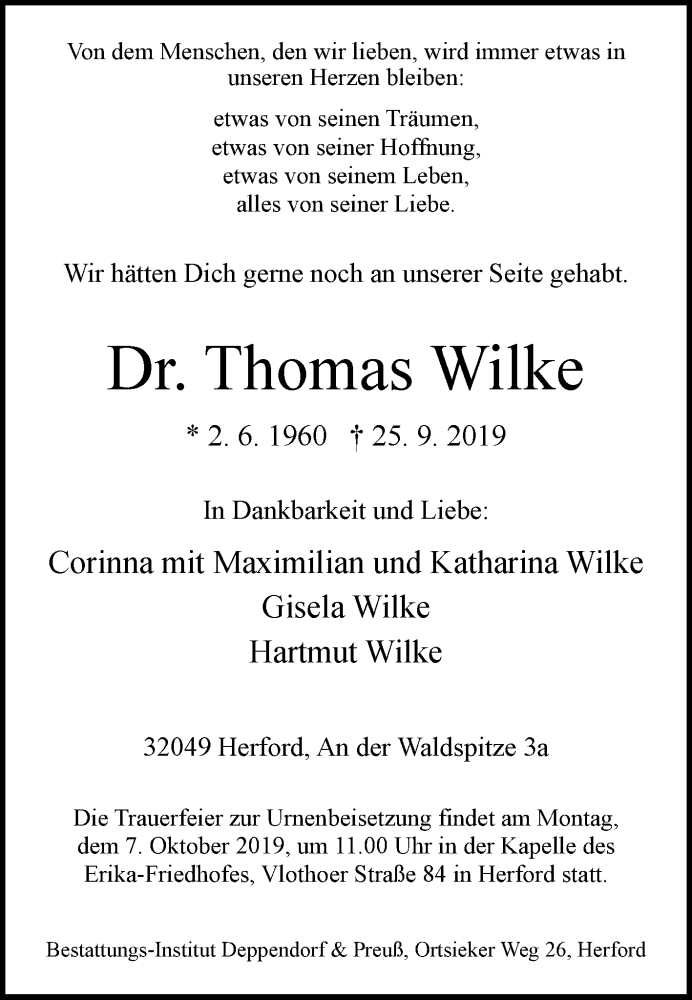  Traueranzeige für Thomas Wilke vom 03.10.2019 aus Westfalen-Blatt