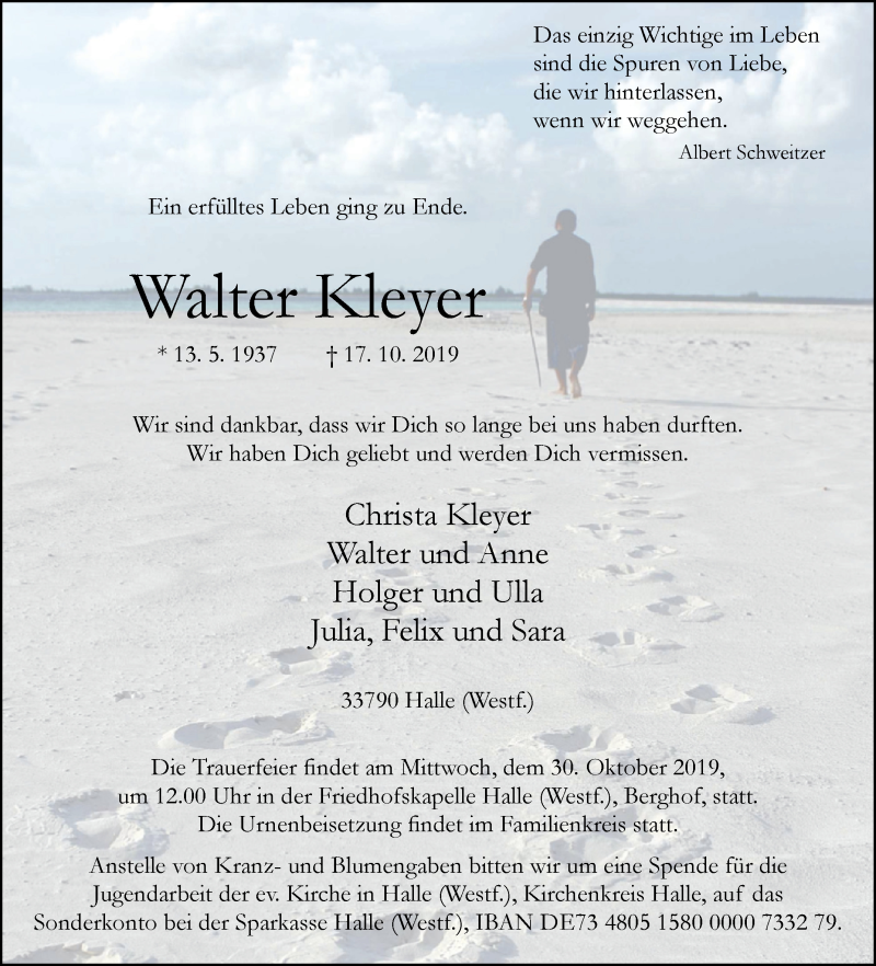  Traueranzeige für Walter Kleyer vom 19.10.2019 aus Westfalen-Blatt