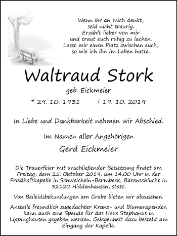 Traueranzeige von Waltraud Stork von Westfalen-Blatt