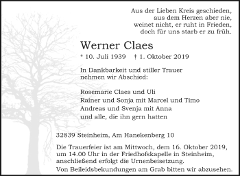 Traueranzeige von Werner Claes von Westfalen-Blatt