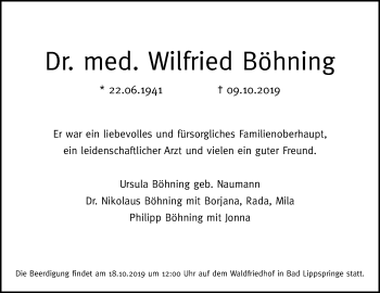 Traueranzeige von Wilfried Böhning von Westfalen-Blatt