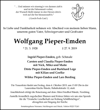 Traueranzeige von Wolfgang Pieper-Emden von Westfalen-Blatt