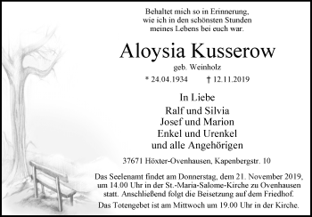 Traueranzeige von Aloysia Kusserow von Westfalen-Blatt