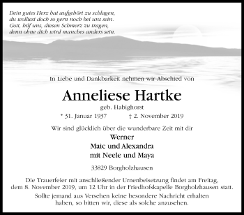 Traueranzeige von Anneliese Hartke von Westfalen-Blatt