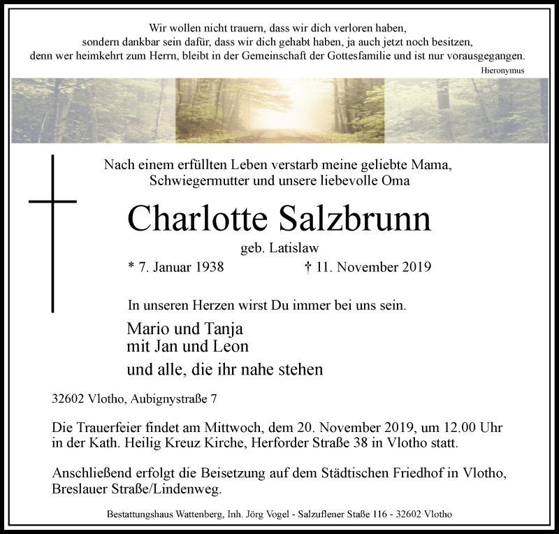  Traueranzeige für Charlotte Salzbrunn vom 13.11.2019 aus Westfalen-Blatt