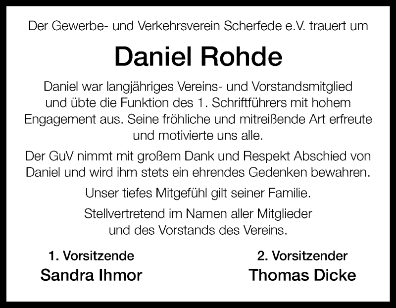  Traueranzeige für Daniel Rohde vom 16.11.2019 aus Westfalen-Blatt