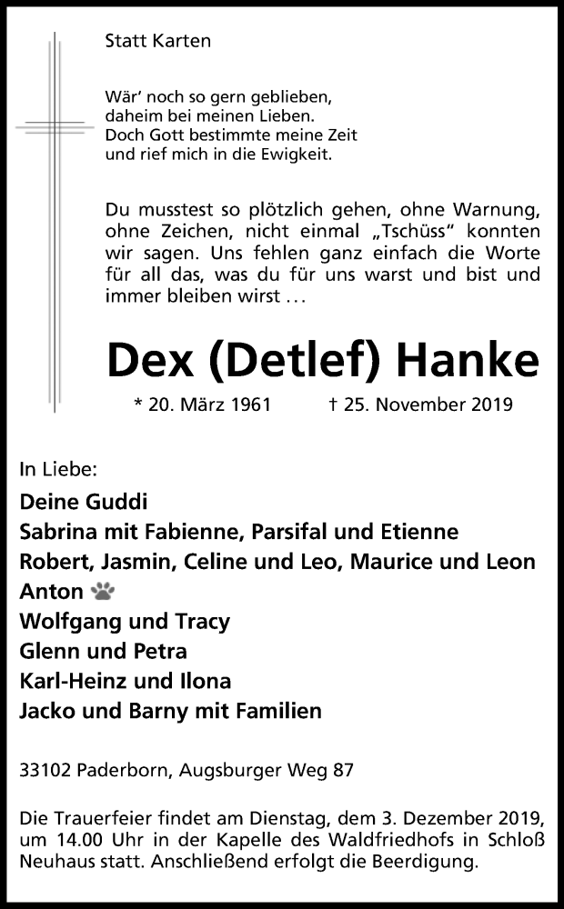  Traueranzeige für Dex Hanke vom 30.11.2019 aus Westfalen-Blatt