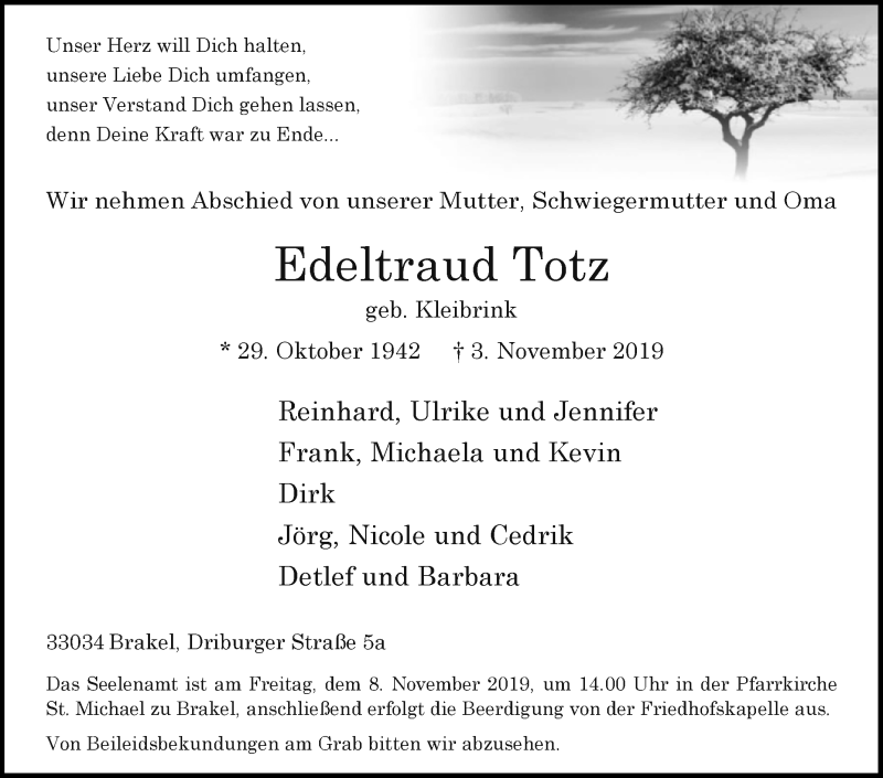  Traueranzeige für Edeltraud Totz vom 06.11.2019 aus Westfalen-Blatt