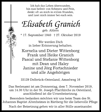 Traueranzeige von Elisabeth Granich von Westfalen-Blatt
