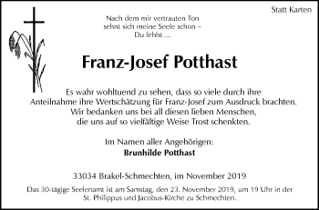 Traueranzeige von Franz-Josef Potthast von Westfalen-Blatt