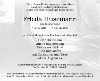 Traueranzeige von Frieda Husemann von Westfalen-Blatt