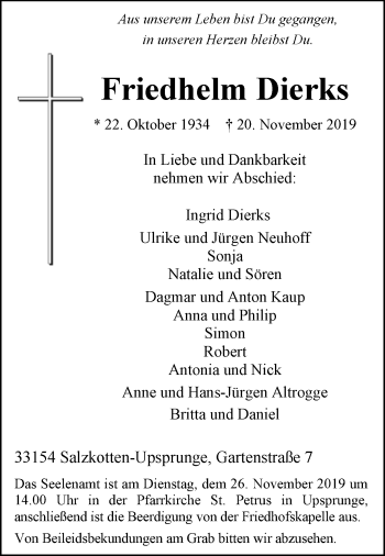 Traueranzeige von Friedhelm Dierks von Westfalen-Blatt