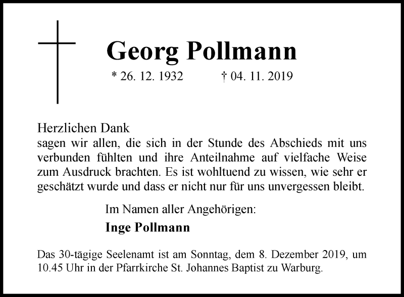  Traueranzeige für Georg Pollmann vom 30.11.2019 aus Westfalen-Blatt