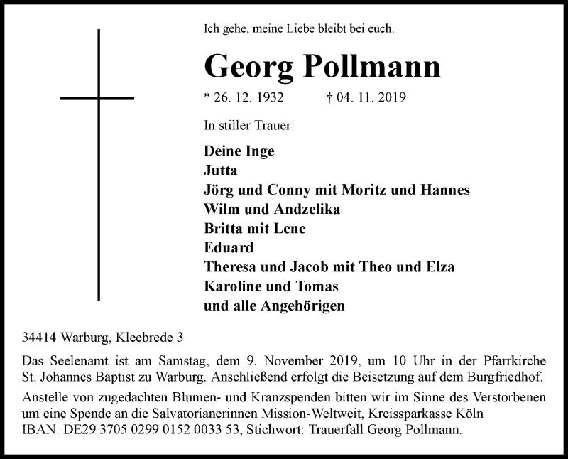  Traueranzeige für Georg Pollmann vom 06.11.2019 aus Westfalen-Blatt