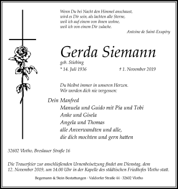 Traueranzeige von Gerda Siemann von Westfalen-Blatt