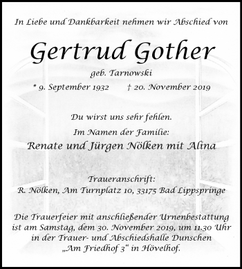 Traueranzeige von Gertrud Gother von Westfalen-Blatt