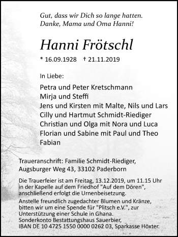 Traueranzeige von Hanni Frötschl von Westfalen-Blatt