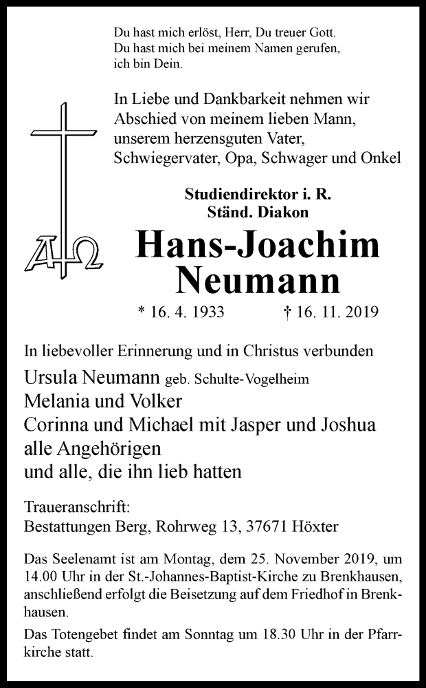  Traueranzeige für Hans-Joachim Neumann vom 20.11.2019 aus Westfalen-Blatt