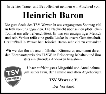 Traueranzeige von Heinrich Baron von Westfalen-Blatt