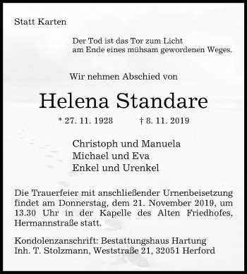 Traueranzeige von Helena Standare von Westfalen-Blatt