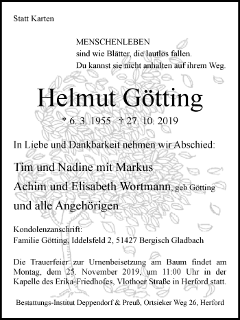 Traueranzeige von Helmut Götting von Westfalen-Blatt