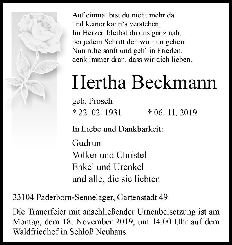  Traueranzeige für Hertha Beckmann vom 13.11.2019 aus Westfalen-Blatt