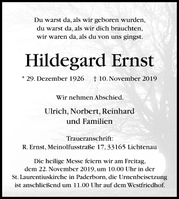 Traueranzeige von Hildegard Ernst von Westfalen-Blatt