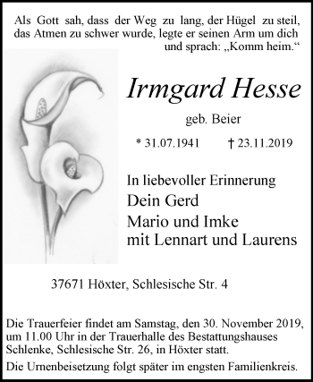 Traueranzeige von Irmgard Hesse von Westfalen-Blatt