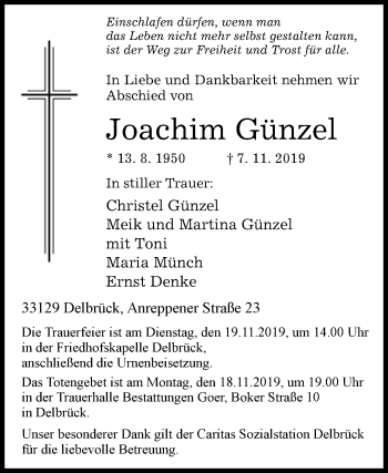 Traueranzeige von Joachim Günzel von Westfalen-Blatt
