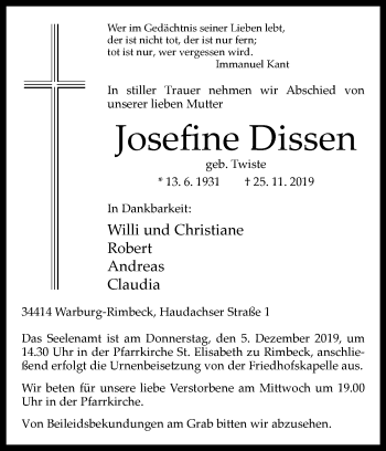 Traueranzeige von Josefine Dissen von Westfalen-Blatt
