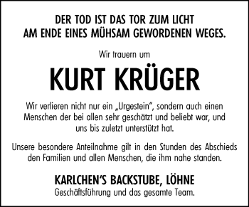 Traueranzeige von Kurt Krüger von Westfalen-Blatt